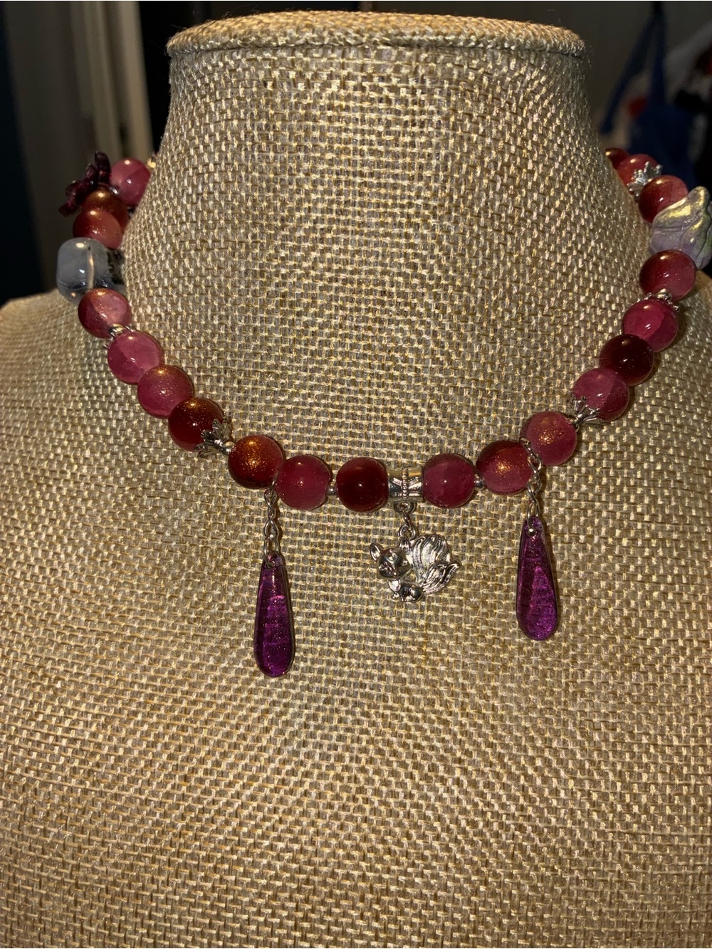 Handcrafted Pink and Purple Beaded Charm Necklace